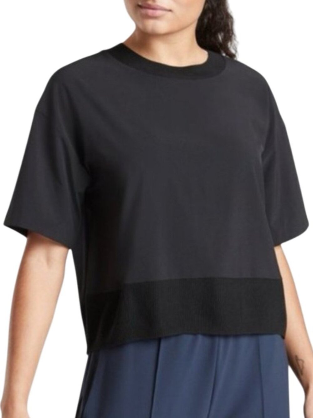 NWOT Athleta Short Sleeve Box Crop Top L Black Ribbed Trim